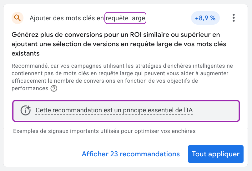 Recommandation Google insistant sur l'élargissement des mots-clés et l'automatisation par l'IA